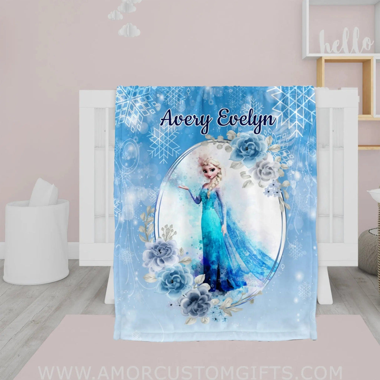 Blankets USA MADE Personalized Fairy Tale Elsa Frozen Princess | Custom Name Blanket Snow Queen Princess Nursery Theme