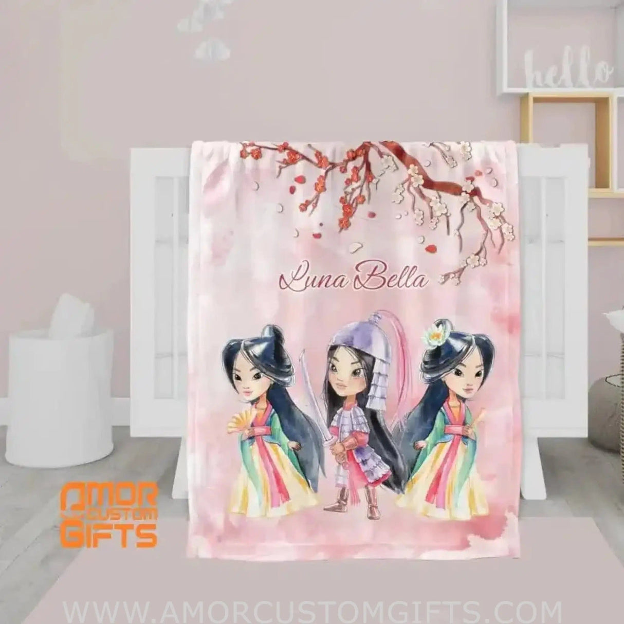 Blankets USA MADE Personalized Fairy Tale Mulan Princess Vintage Blanket, Custom Name Princess Nursery Theme
