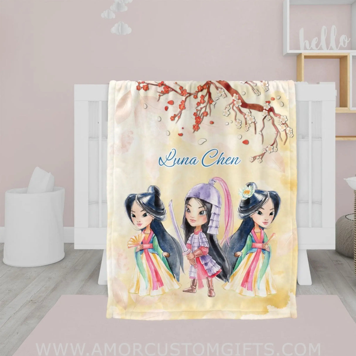 Blankets Personalized Fairy Tale Mulan Princess Vintage Blanket, Custom Name Princess Nursery Theme