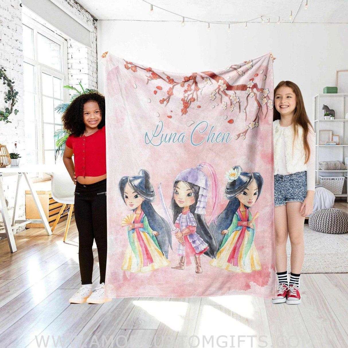 Blankets USA MADE Personalized Fairy Tale Mulan Princess Vintage Blanket, Custom Name Princess Nursery Theme