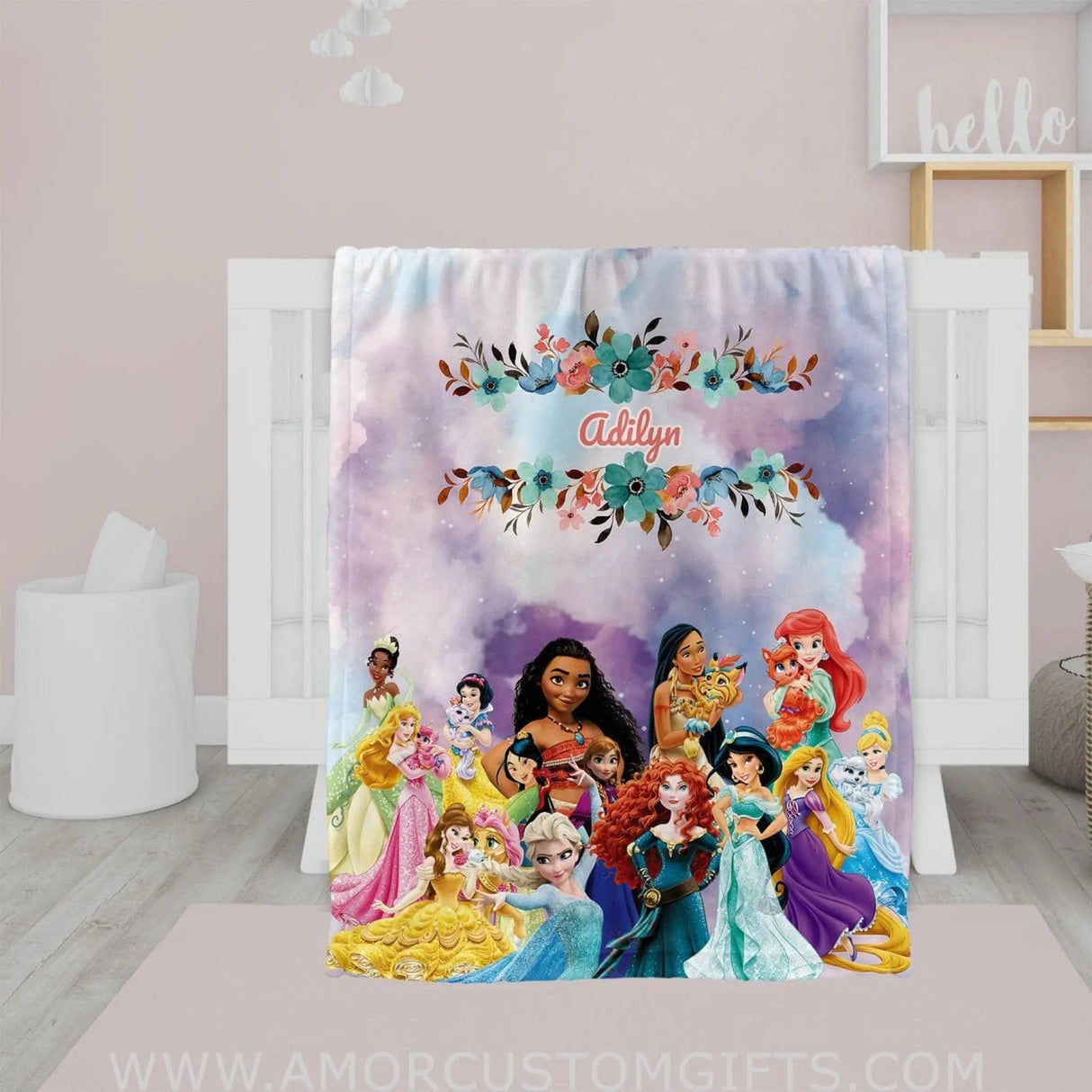 Blankets USA MADE Personalized Fairy Tale Princesses Blanket | Watercolor Elsa Frozen Belle Tiana Custom Name Blanket