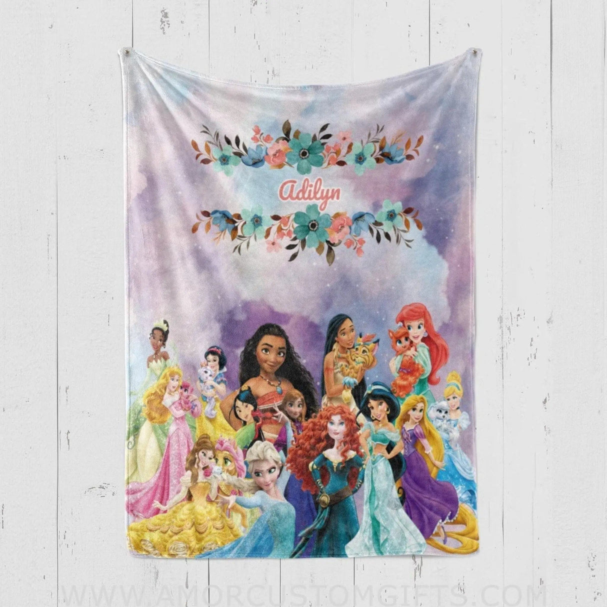 Blankets USA MADE Personalized Fairy Tale Princesses Blanket | Watercolor Elsa Frozen Belle Tiana Custom Name Blanket