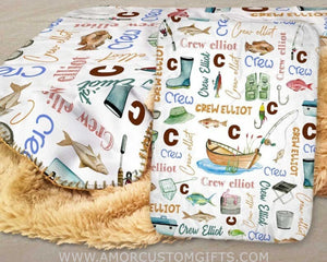 Blankets Personalized Fishing Baby Blanket, Personalized Baby Shower, Personalized Name Pattern Blanket, Fishing Baby Gifts