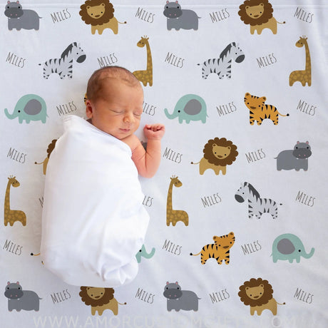 Blankets Personalized Fleece Safari Animals Baby Blanket, Gift for Kids Toddler - Blanket for Newborn