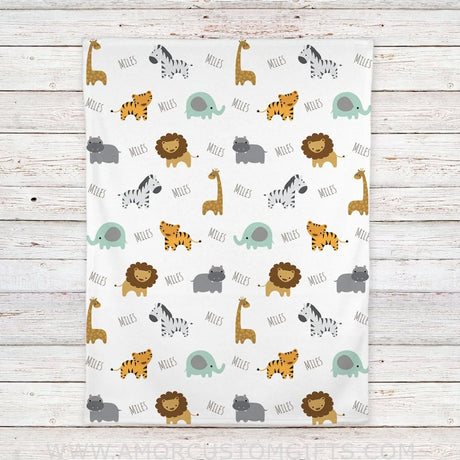 Blankets Personalized Fleece Safari Animals Baby Blanket, Gift for Kids Toddler - Blanket for Newborn