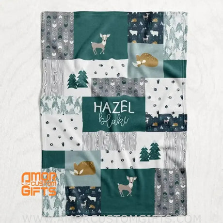 Blankets USA MADE Personalized Fox & Deer Baby Name Blanket - Winter Woodland Mountain Animal Theme blanekt