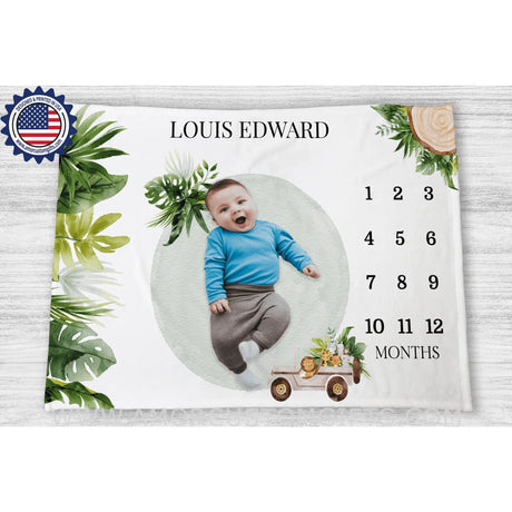 Blankets Personalized Green Life Safari Milestone Blanket, Custom Name Monthly Growth Tracker Baby Boy Photo Prop Gender Reveal Tapestry Nursery Theme