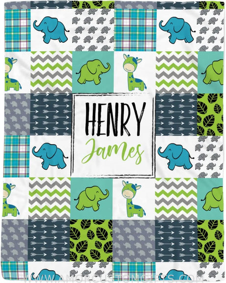 Blankets USA MADE Personalized Green Square Safari Baby Blanket, Jungle Animal Baby Blanket, Jungle Blanket Baby