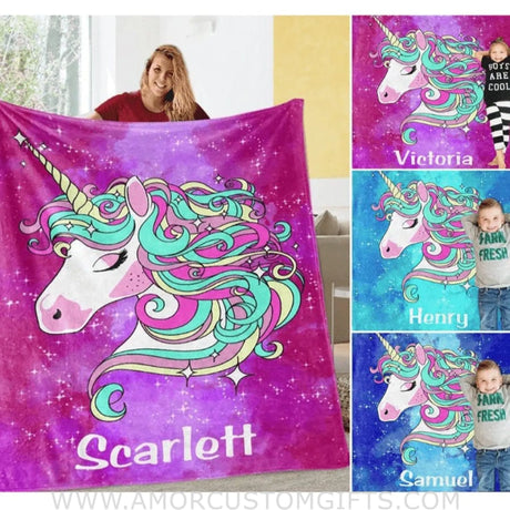 Blankets Personalized Magical Unicorn Fleece Blanket, Custom Name Baby Blanket
