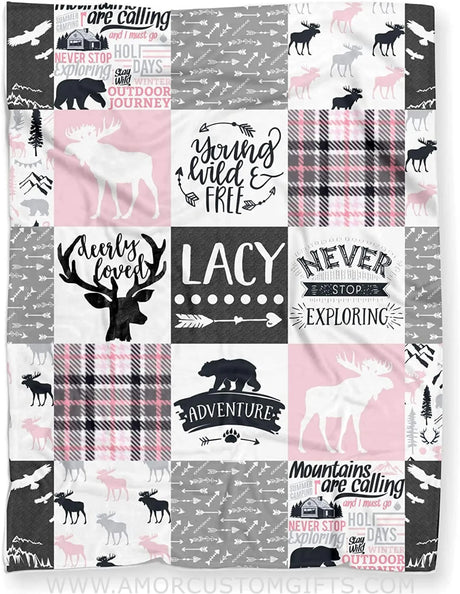 Blankets USA MADE Personalized Moose Minky Baby Blanket Woodland Boho for Girl (Soft, Lightweight Polyester Fleece - 30 x 40