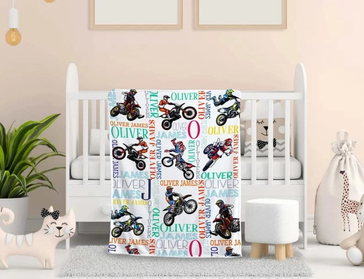 Blankets Personalized Motocross Baby Blanket, Motocross Name Blanket, Dirt Bike Baby Boy Blanket, Custom Name Baby Blanket