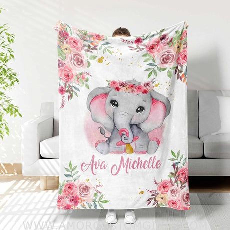 Blankets Personalized Name Baby Elephant Pink Floral Animal Safari Baby Girl Blanket