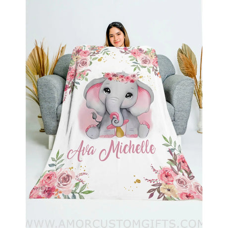 Blankets Personalized Name Baby Elephant Pink Floral Animal Safari Baby Girl Blanket