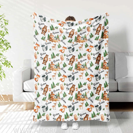 Blankets Personalized Name Baby Woodland Bear Green Baby Boy Girl Blanket