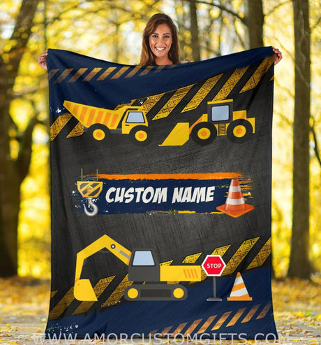 Blankets USA MADE Personalized name Construction baby blanket, Cartoon Truck Flannel Fleece Blanket, gift for Baby, Kids, Youth