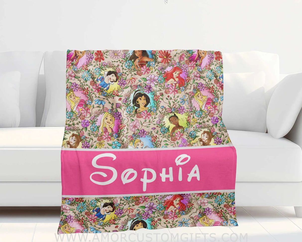 Blanket Personalized Name Floral Disney Princess Blanket, Baby Princess Fleece Blankets, Gift For Baby Girl