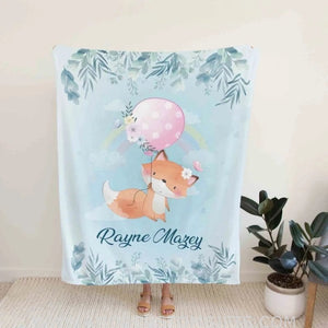 Blankets Personalized Name Fox Flower Blanket, Baby Blanket with Name, Best Gift for Baby