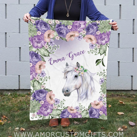 Blankets USA MADE Personalized name Horse Baby Blanket, Purple Horse Blanket Baby Girl, Horse Blanket Girls, Horse Blanket For Girls
