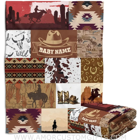 Blankets Personalized Name Western Baby Blanket,  Cowboy Baby Blankets, Cowboy Patterns Soft Fleece Blanket