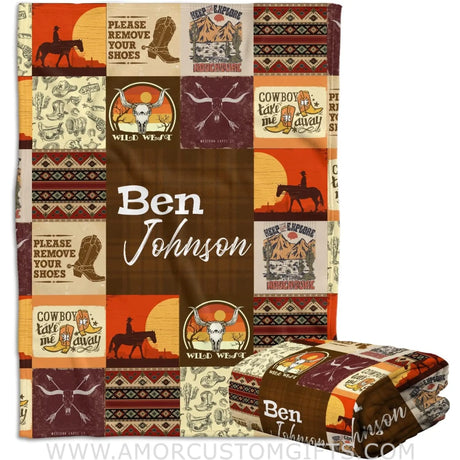 Blankets Personalized Name  Wild West Cowboy Baby Boy Swaddle Blanket, Western Baby Blanket Name Boy, Horse Soft Fleece Blanket