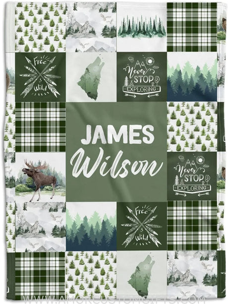 Blankets Personalized Name  Woodland Pattern baby Blanket, Woodland Baby Blanket Boy, Boy Green Fleece Blanket