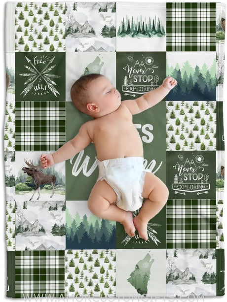 Blankets Personalized Name  Woodland Pattern baby Blanket, Woodland Baby Blanket Boy, Boy Green Fleece Blanket