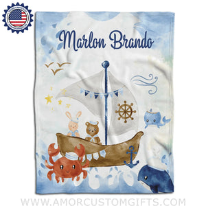 Blankets Personalized Nautica Marine Life Blanket, Custom Name Baby Boys Blanket, Nursery Theme Bedding Tapestry