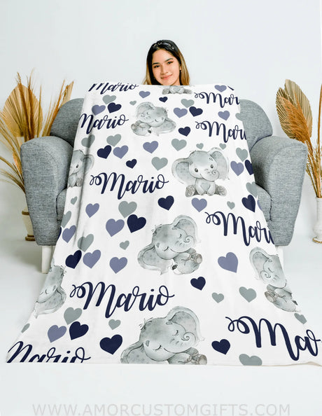 Blankets USA MADE Personalized Navy Heart Elephant Blanket, Navy Heart Elephant Blanket, Baby Woodland Blanket,Woodland Baby Blankets for Boys Girls