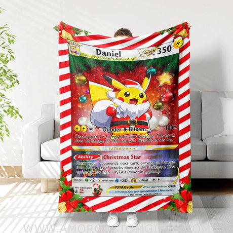 Blankets USA MADE Personalized PK Blankets, Custom Name Christmas Santa's Pikachu Vstar Christmas Blanket, Anime Manga Gamer Throw