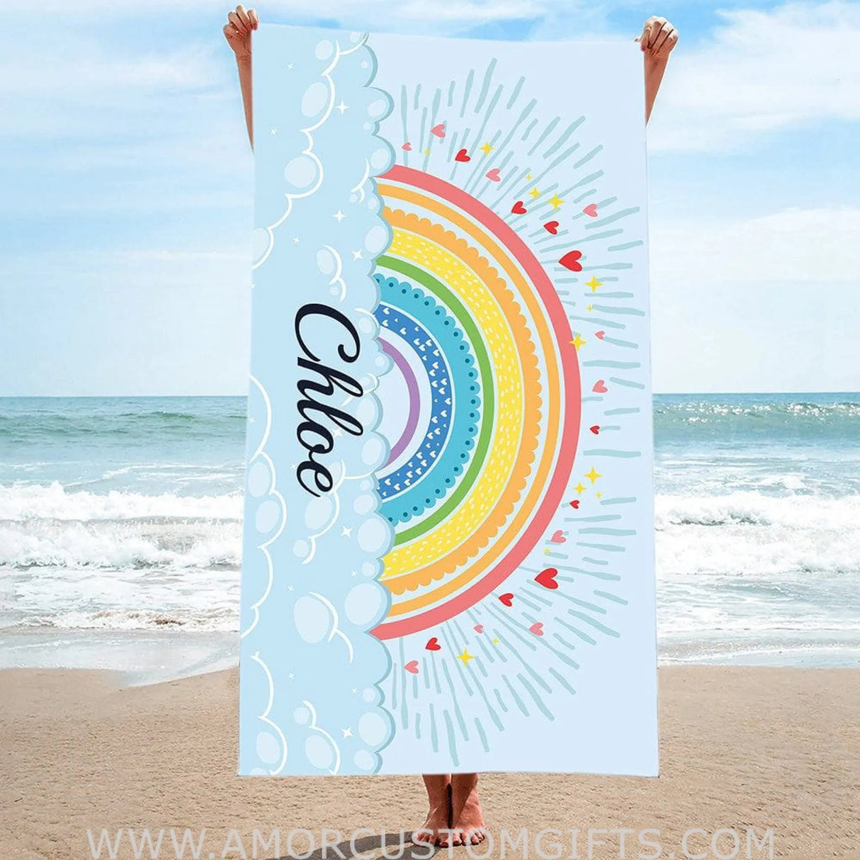 Towels USA MADE Personalized Rainbow and Sky Beach Towel for Summer and Beach, Perfect Gift for Him Her, Kid Towel