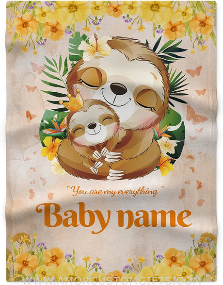 Blankets Personalized Sloth Mom and Baby Flower Baby Blankets - Gifts for Kids Baby - Baby Blankets with Name
