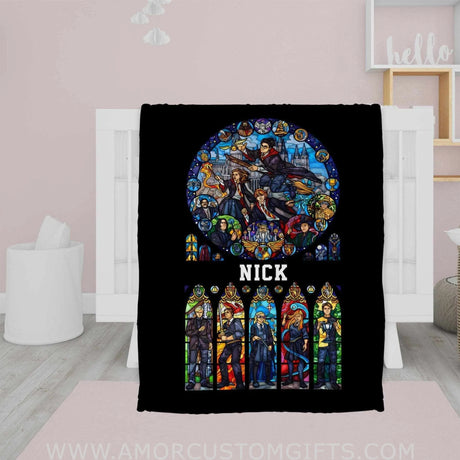 Blankets USA MADE Personalized The Wizard Boy Magic-Inspired Stained Glass Boy Girl Blanket