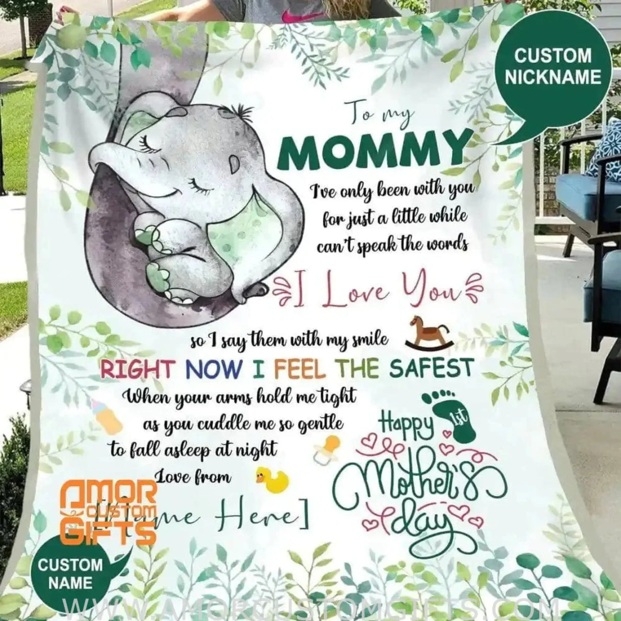 Blankets Personalized To My Mom Message Blanket, Cute Baby Elephant Blanket, 1st Mother's Day Blanket Gift