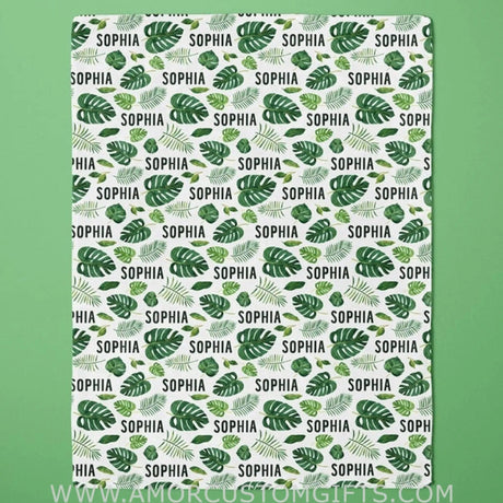 Blankets USA MADE Personalized Tropical Leaves Baby Blanket - Safari Theme - Custom Name - Baby Shower Gift - Gender Neutral Blanket