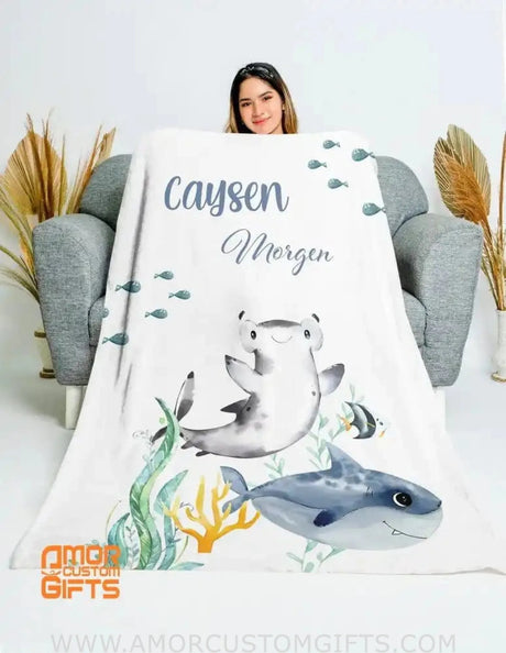 Blankets Personalized Under The Sea Shark Blanket, Under The Sea Shark Blanket, Baby Woodland Blanket,Woodland Baby Blankets for Boys Girls