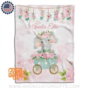 Blankets USA MADE Personalized Watercolor Baby Girl Elephant Rose Flowers Blanket, Custom Name Blanket