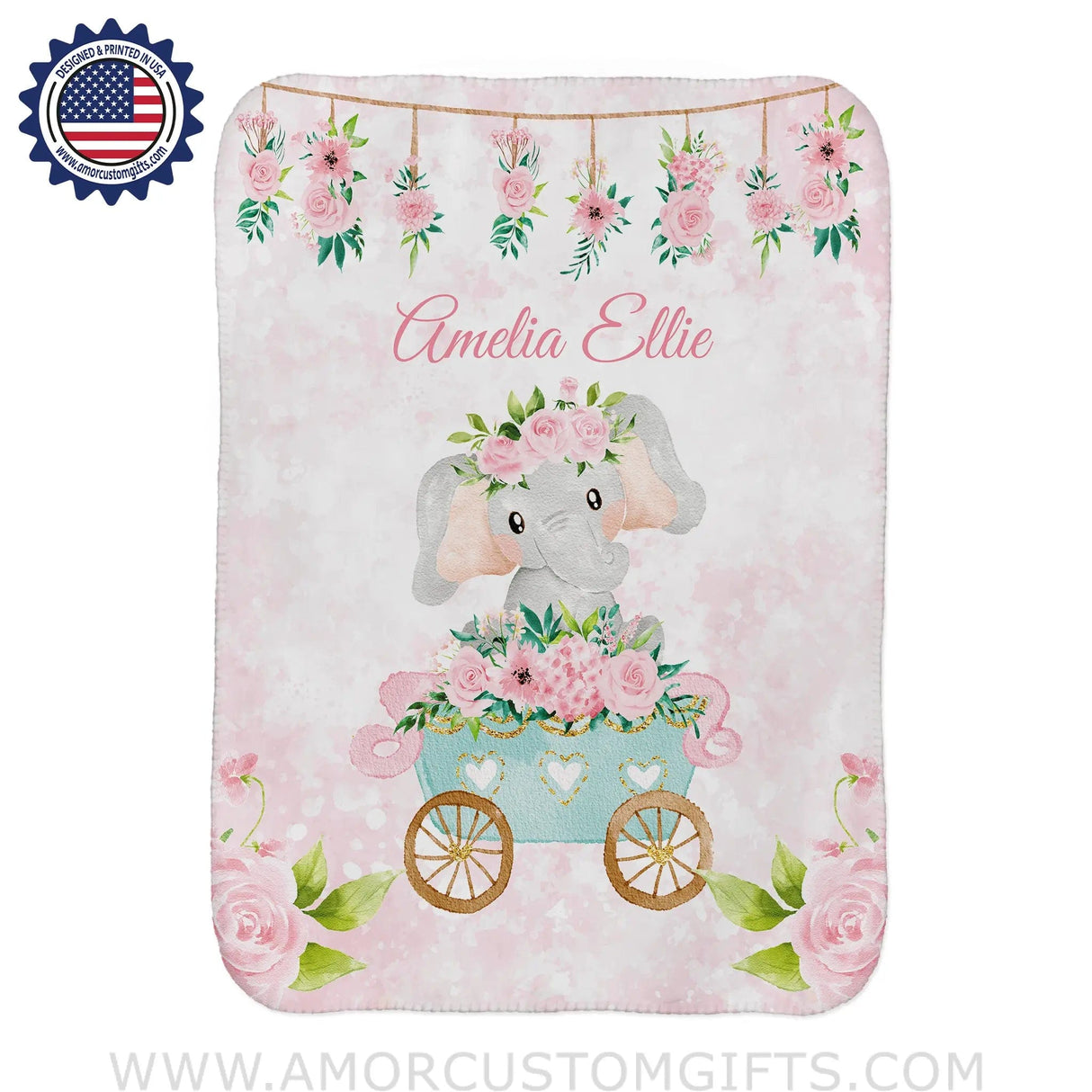 Blankets USA MADE Personalized Watercolor Baby Girl Elephant Rose Flowers Blanket, Custom Name Blanket