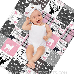 Blankets USA MADE Personalized Woodland Baby Girls Blanket | Custom Name Pink Moose, Bear Kids Blanket Woodland Nursery Theme