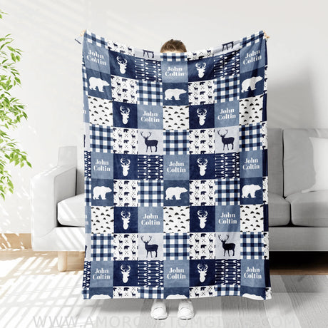 Blankets Personalized Woodland Blue Patchwork Blanket, Woodland Blue Patchwork Blanket, Baby Woodland Blanket,Woodland Baby Blankets for Boys Girls