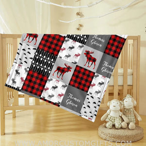 Blankets Personalized Woodland Deer Adventure Baby Blanket | Custom Name Red Buffalo Plaid Blanket