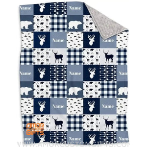 Blankets Personalized Woodland Deer Blanket | Custom Name Navy Patchwork Kids Blanket Woodland Nursery Theme