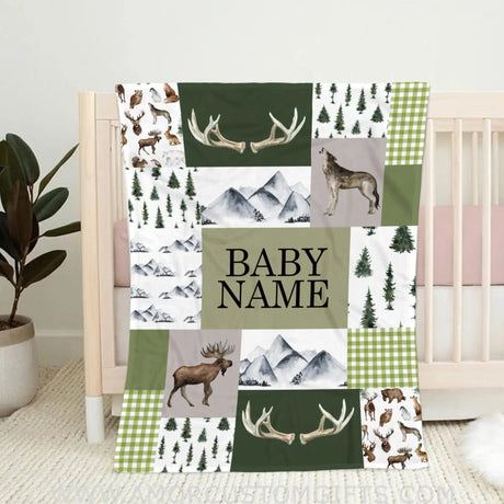 Blankets USA MADE Personalized Woodland Nursery Blanket, Baby Boy Woodland Blanket,Deer Baby Blankets for Boys,Woodland Theme Blanket,