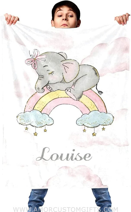 Blankets USA MADE Rainbow Clouds Elephant Watercolor Personalized Baby Blanket for Boys Girls, Baby Blankets Swaddle Nursery Newborn Gifts