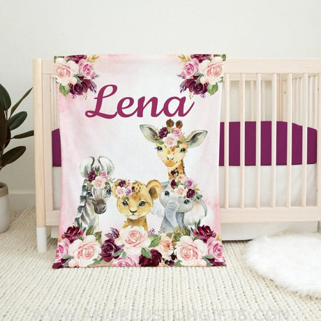 Blankets Safari Animals Floral Baby Girl Name baby Blanket Blush Pink Burgundy Red Maroon Purple Watercolor Flowers, Personalized Baby Shower Gift