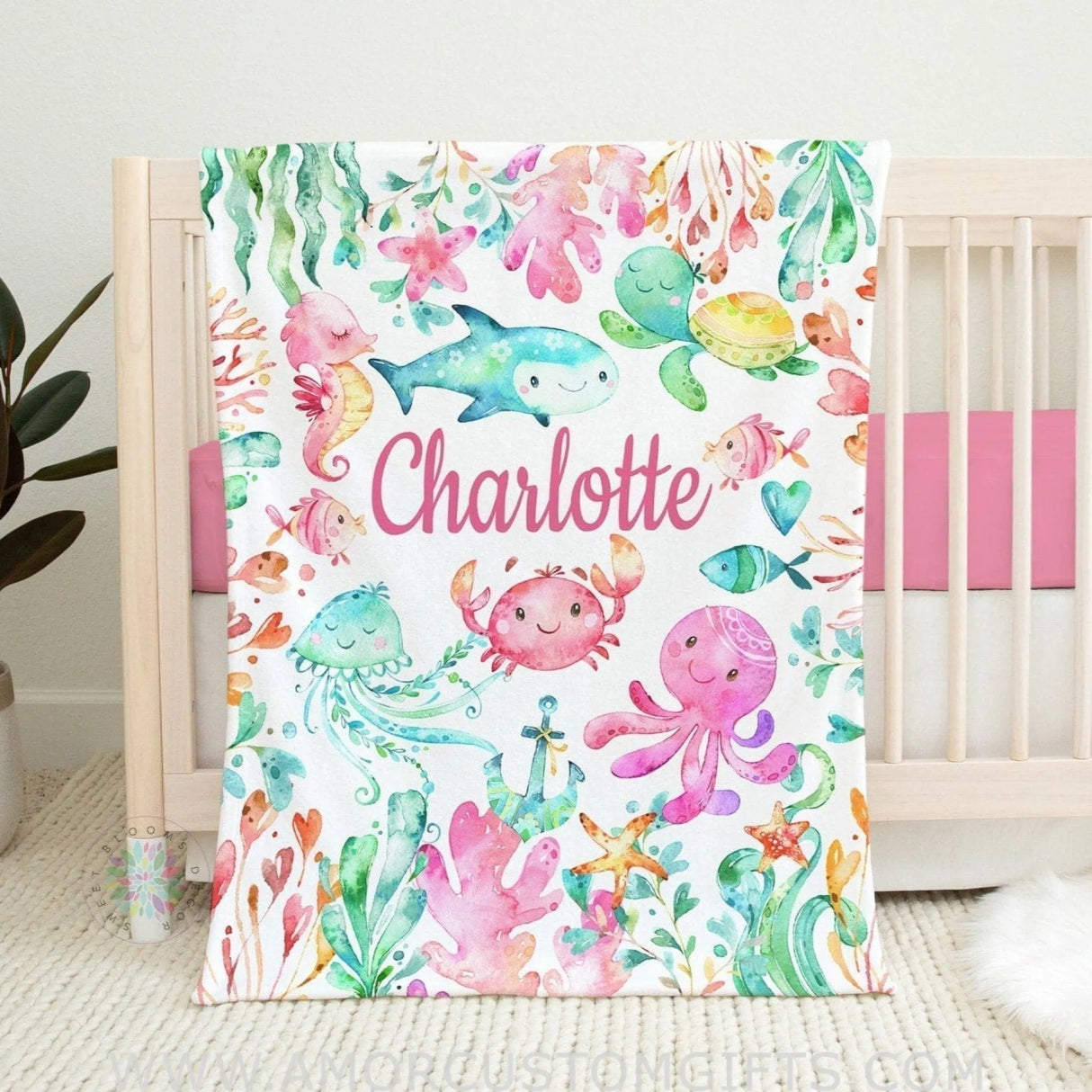 Blankets Sea Animals Baby Girl Name baby Blanket, Personalized Watercolor Turtle Octopus Under The Sea Baby Shower Gift