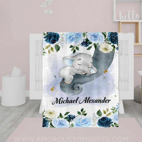 Blankets USA MADE Sleeping Elephant Blue Floral Baby Name Blanket, Newborn Boy Girl Custom Name Gift, Sleeping Elephant Boy Name Blanket