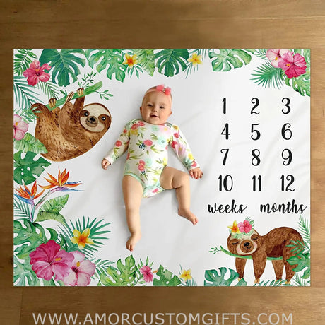 Blankets USA MADE Sloth Baby Monthly Milestone Blanket Baby Boy Greenery Watercolor Jungle Baby Blanket for Boys and Girls Newborn Baby Gift