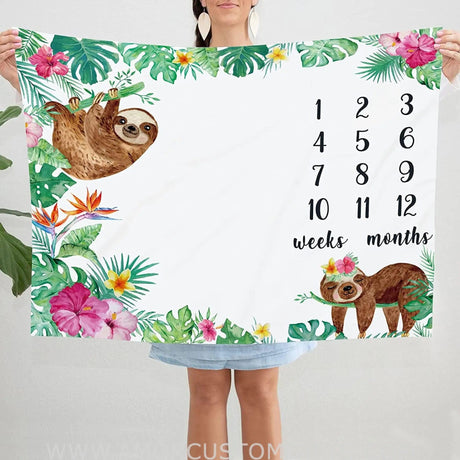 Blankets USA MADE Sloth Baby Monthly Milestone Blanket Baby Boy Greenery Watercolor Jungle Baby Blanket for Boys and Girls Newborn Baby Gift