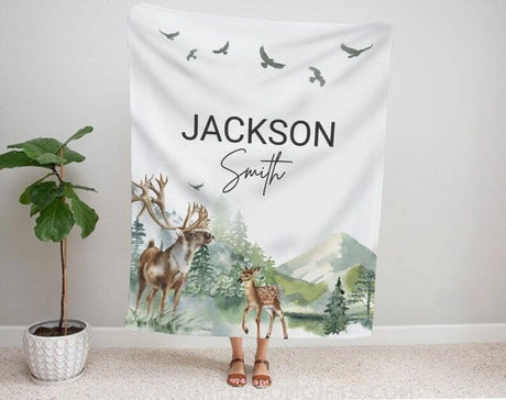 Blankets Woodland Animal Baby Blanket, Personalized Forest Bedding, Deer Baby Blanket With Name, Neutral Baby Gender Blanket