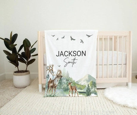 Blankets Woodland Animal Baby Blanket, Personalized Forest Bedding, Deer Baby Blanket With Name, Neutral Baby Gender Blanket